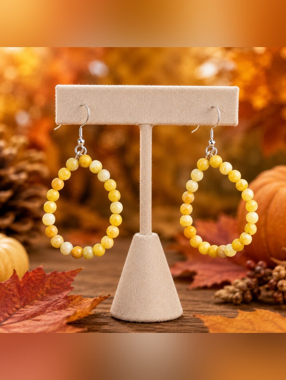 Golden Glow Yellow Dragon Vein Beaded Hoop Earrings
